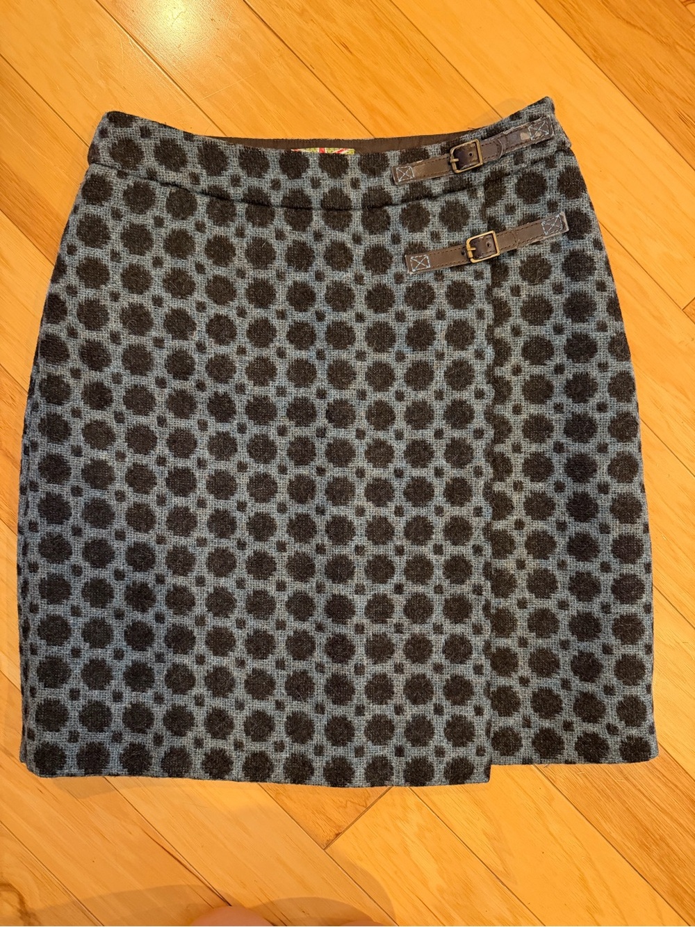 Boden 100% Wool British Tweed Skirt Leather Buckle Accent Blue Grey Size 4